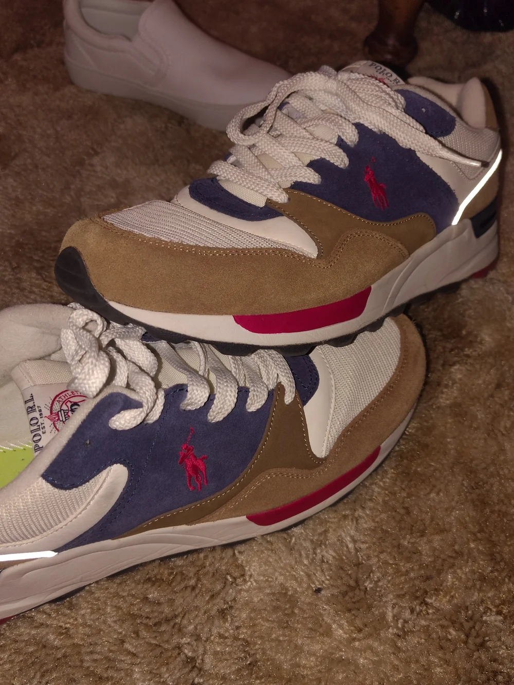 Polo by Ralph Lauren Men’s White/Tan/Blue/Red Suede & Mesh Sneakers